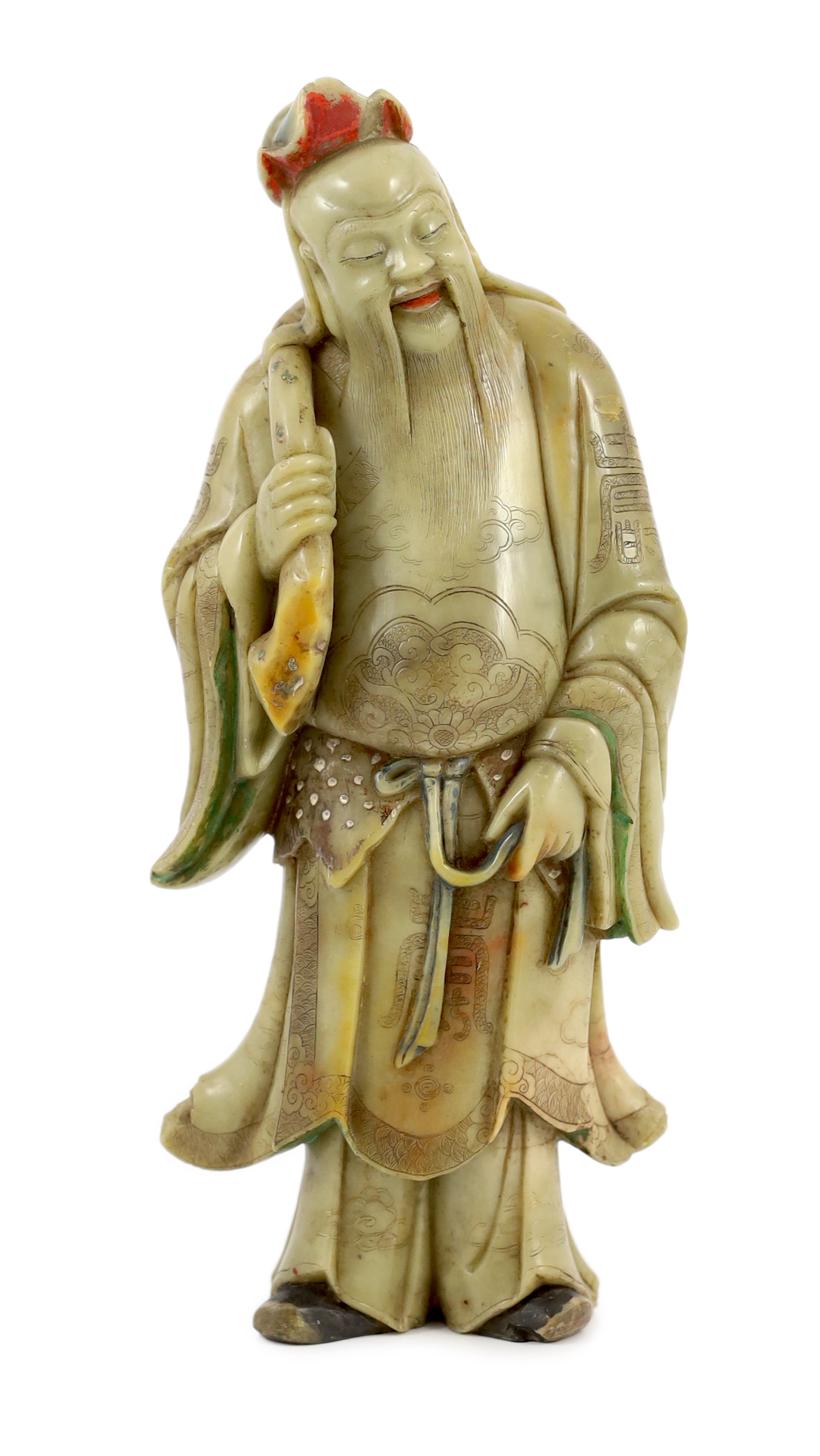 A Chinese soapstone figure of Shouxing, 18th century, small losses